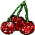 Three clusters of red cherries with green stems on a gray background, each cluster showing slight variations in cherry arrangement and stem positioning.