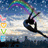 A stylized gymnast silhouette performs a split against a starry sky with rainbow and clouds, accompanied by colorful 'LOVE' text on the left.