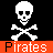 Pixelated white skull and crossbones on black background with orange banner reading 'Pirates' in white text.