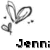 Pixelated grayscale icon with abstract curved shapes and scattered dots above stylized text reading 'Jenni' in blocky font.