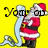 Santa Claus in red and white suit holding a light blue scroll on yellow background with partial text above.