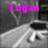 Pixelated image with pink text 'Logan' over a grayscale background featuring abstract shapes and a white curved form.