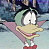 Pixelated cartoon duck with green head, yellow beak, and red shoes, smiling against a blue-gray background.
