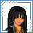 Pixel art contact sheet of a female character with long black hair across 8 frames showing different poses, clothing details, and text elements in blue and white color scheme.