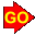 Animated contact sheet of 20 frames showing a red arrow-shaped icon with yellow 'GO' text in various states of motion and transparency against a gray background.