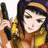 Pixelated static image of a character with dark hair and yellow clothing holding two black handguns, set against a white background.