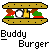 Pixelated graphic of a burger with visible layers and text below reading 'Buddy Burger' in blocky font.