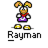 A 3x3 contact sheet of nine animated frames featuring a pixelated Rayman character in various poses and effects, each labeled "Rayman" below the icon.