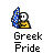 A 3x3 contact sheet of nine animated frames showing a yellow stick figure waving blue-and-white checkered flags with "Greek Pride" text below each frame.