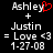 Black background displays white pixelated text with a red heart symbol over 'Ashley' and identical static text below.
