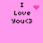 Pixelated pink background with black text "I Love You<3" and animated pink heart or starburst symbols in four positions.