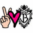 Pixelated icon shows a light-skinned hand making a peace sign, a bright pink heart with black outline, and a black-and-white shield with a cross and '19' text.