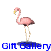 Animated pink flamingo standing on one leg with yellow beak and legs, positioned above blue text on gray background.