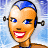 Pixelated cartoon character with blue hair, orange skin, and red lips smiling against a blue digital background.