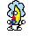 Pixelated cartoon character with yellow body, blue hair, red mouth, and white shorts in multiple poses against gray background.