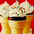 Pixelated ice cream cone with white frosting and multicolored sprinkles on a red background, with a red banner reading 'mmmm yummy' in the second frame.