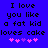 Blue background with black pixelated text reading "I love you like a fat kid loves cake" and five pink heart symbols below.