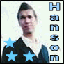 Four- shows a person in dark jacket with light collar, blue stars, and text elements; top-left has vertical "Hanson" text, top-right has horizontal "PTTW" text