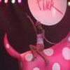 A close-up of a pink polka-dot dress with a brown bow, a dark background, and a circular pink badge with red text.
