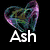 A heart-shaped icon with purple and green gradient on black background, displaying 'Ash' text below.