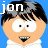 Pixelated cartoon-style icon shows a smiling character with brown hair, light skin, and a white shirt against a blue background with partial text 'jon' visible.