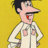 Pixelated cartoon character with dark hair, long nose, and red mouth area wearing white jacket over yellow shirt against solid yellow background.