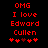 Red pixelated text on black background reads 'OMG I love Edward Cullen' with five heart symbols below, two versions show animation change in one heart's color.