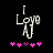 Pixelated text 'I Love' with a stick figure and pink/purple hearts on black background, showing animation change in heart positions.