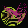 Animated sequence of colorful wireframe shapes transforming across frames, featuring concentric rings and curved lines in neon hues against black background.