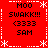 Red background with white dashed borders and star motifs, displaying repeated text elements in black pixelated font.