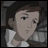 Pixelated anime-style character with brown hair and light skin, wearing a white shirt, positioned next to stylized text on a black background.