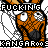 Pixelated cartoon kangaroo with orange fur and white wings, displaying two sequential frames of an animated expression change while holding a black object near its face.