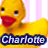 Yellow rubber duck with red beak and black eyes, positioned above blue banner reading 'Charlotte' in white text.