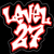 Red stylized text on black background with a blue cartoon character in concentric white rings.