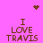 Pixelated brown text "I LOVE TRAVIS" on bright pink background with brown heart and dotted star symbols.