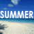 Pixelated beach scene with blue sky and clouds, displaying 'SUMMER' text in white on left and red on right.