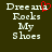 Pixelated text reads "Dree and Rocks My Shoes" on dark background with red heart symbol over "and" in left view.