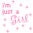 A static contact sheet of a 3x2 grid showing five frames from an animated icon with pink text and plus signs on white background, featuring the phrase "i'm just a Girl" in varying opacity levels across frames.