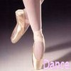 Close-up of a dancer's feet in light pink ballet shoes on a dark background with the word 'Dance' in purple text.