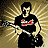 Pixelated image of a person playing electric guitar, wearing black shirt with red and white text, against radiating golden background.