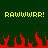 Green background with yellow pixelated text 'RAWWRR! RAWWRR!' above red pixelated flames.