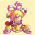 Pixelated character with golden hair and pink accessories, wearing a red bow and pink boots, posed with one arm raised against a pale yellow background.