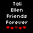 Black background with white pixelated text reading 'Tali Ellen Friends Forever' and five red heart symbols below, two versions showing different heart animation states.