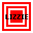 Four red and white square frames with black text "LIZZIE" across the center, each frame showing different nested square layers.