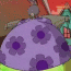 A purple mushroom-shaped object with dark purple flowers on a green base, set against a background of brown, red, and green structures.