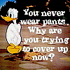 Pixelated cartoon duck with white body, yellow beak and feet, standing on brown ground with dark background and text overlay.