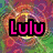 A four- displays text and images: 'Lulu' over a colorful abstract background, 'loves' over a rainbow heart, 'dogs!' over a dog photo, with the bottom-right empty