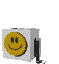 A pixelated yellow smiley face emerges from a gray box with black and silver crank handles, rotating through multiple positions.