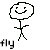 Pixelated stick figure with smiling face, static pose on left and raised arms on right, text 'fly' in corners.