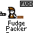 A 4x4 contact sheet of a pixel art animated buddy icon showing a character named Fudge Packer in various poses and speech bubbles across 15 frames.